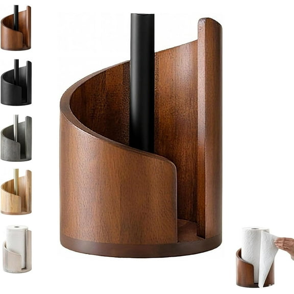 BrixVibe Mountain Paper Towel Holder Countertop Mango Wood Round Base and Iron Storage for Adults Brown