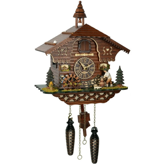 Quartz Cuckoo Clock Black Forest House with Moving Wood Chopper and Mill Wheel, with music TU 4217 QM
