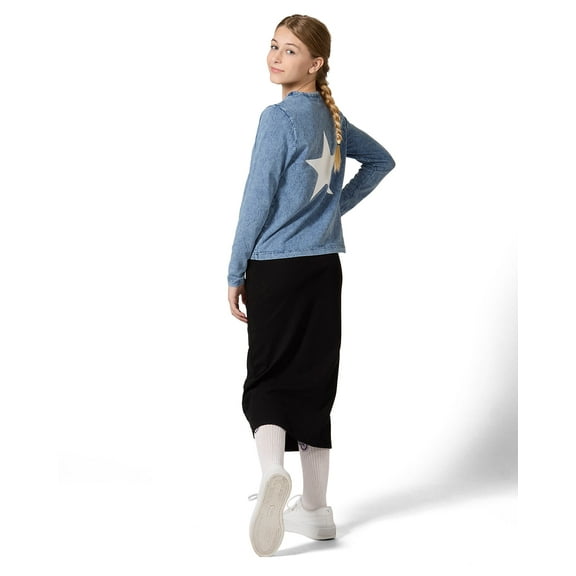 MeMoi Girls Back Star Design Cotton Rich Long Sleeve T-Shirt - Girls - Female, XL, Denim