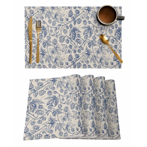 Vintage Wallpaper Placemats Set of 8 Blue Leaf Flower Plants Texture Heat Insulation Washable Place Mats, Rustic Non-Slip Table Mats for Dining Table Party Kitchen Decor,13x19 Inch