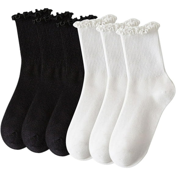 6 Pairs Women's Ankle Socks, Lace Ruffle & Solid Colors, Knit, Comfortable & Breathable, Frilly Lace Trim Ankle Trainer Liner Socks for Women &Girls