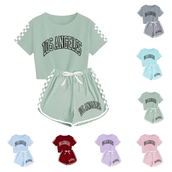 YHAJDS Kids 2 Piece Set Letter Print Plaid Short Sleeve Crewneck Tee with Elastic Shorts Summer Wear