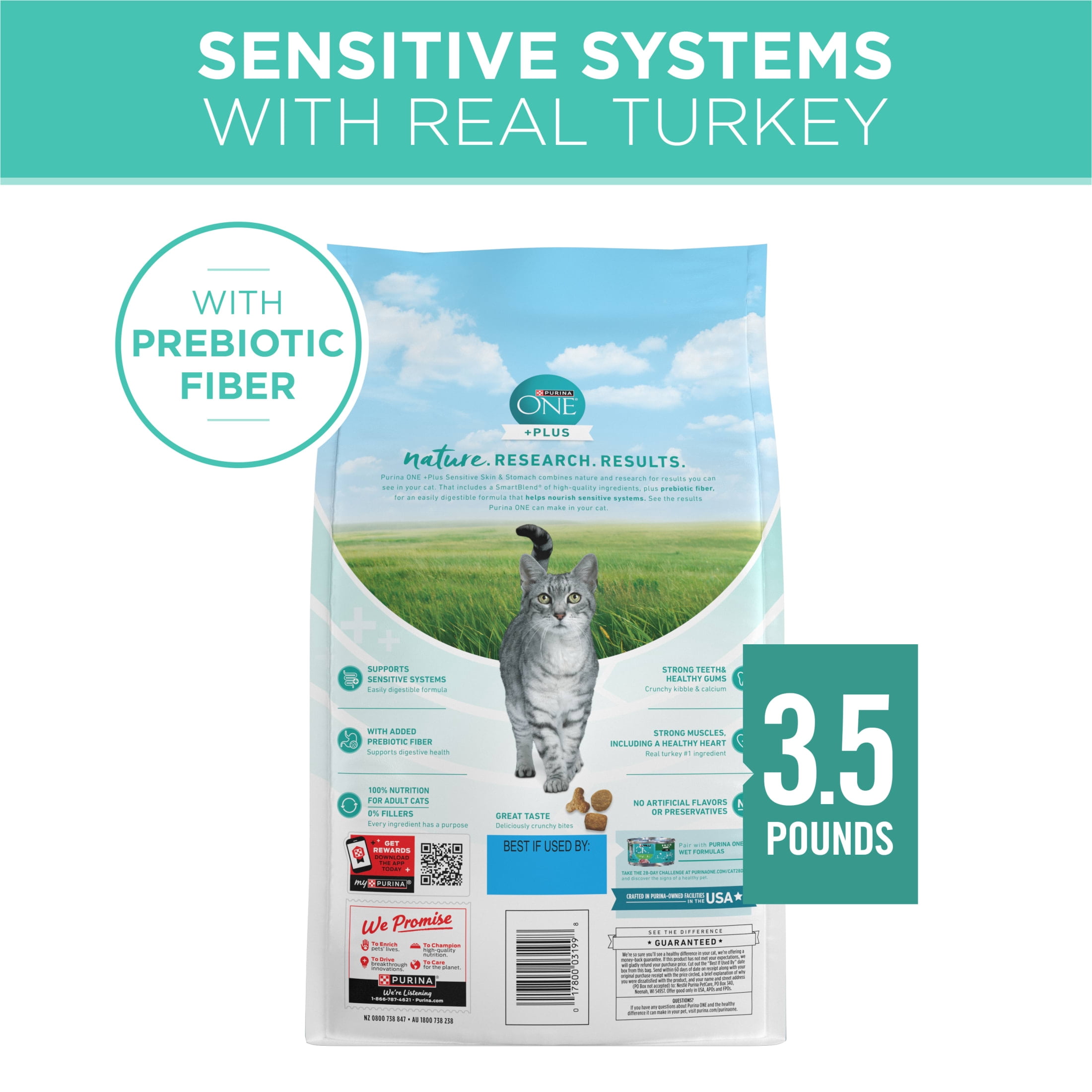 Purina ONE Sensitive Stomach, Sensitive Skin, Natural Dry Cat Food, +Plus Sensitive Skin and Stomach Formula, 3.5 lb. Bag