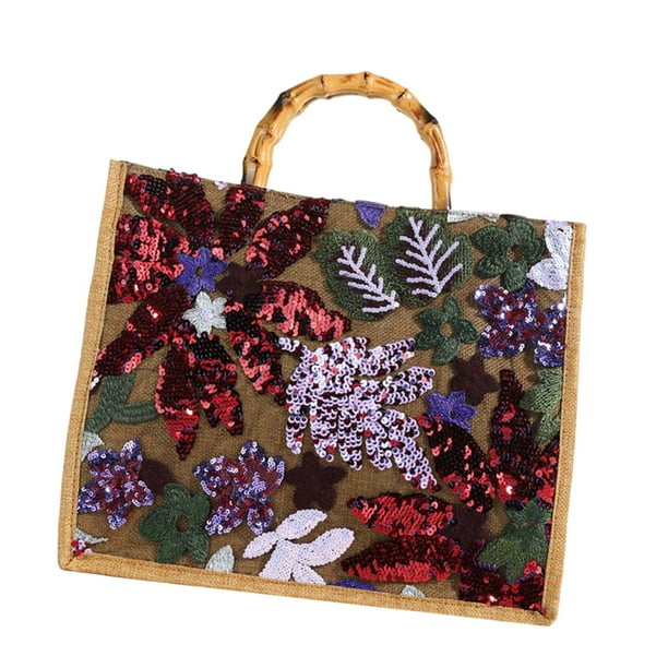 Bolso de mano de mujer con asa superior, estilo casual, con bordado floral, tipo clutch, ideal para viajes o para la noche. Púrpura