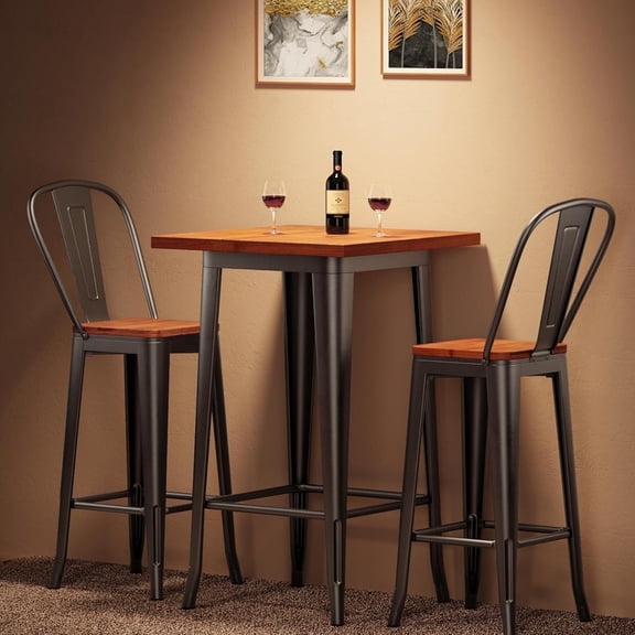 Noelse 3 Piece Pub Dining Table Set for 2, Bar Height Kitchen Table and Chairs with Solid Elm Wood Top and Metal Frame