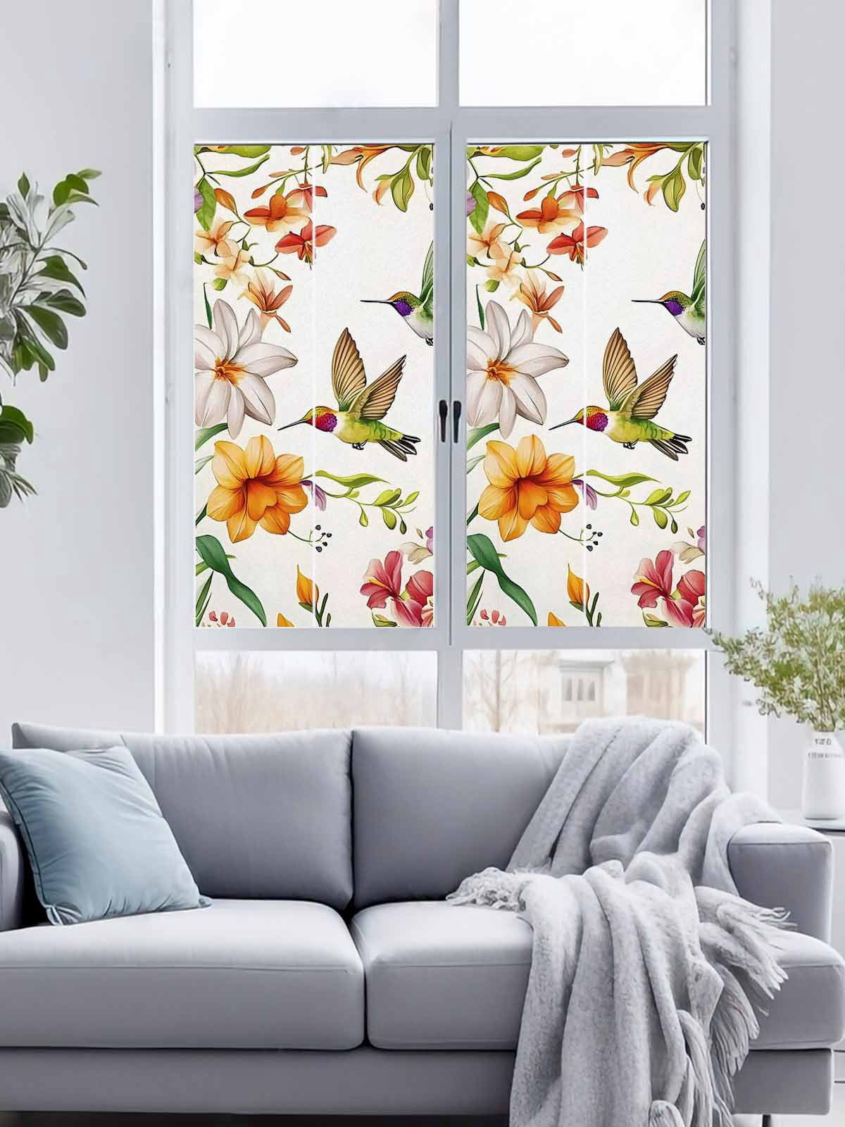 No Glue Heat Blocking Window Flims, Spring Floral Hummingbird Window Privacy Film Frosted, Pastoral Rustic Botanical Flowers Peep-proof Door Windows Tint for Bathroom, Dormitory, 17.7 x 78.7 Inches