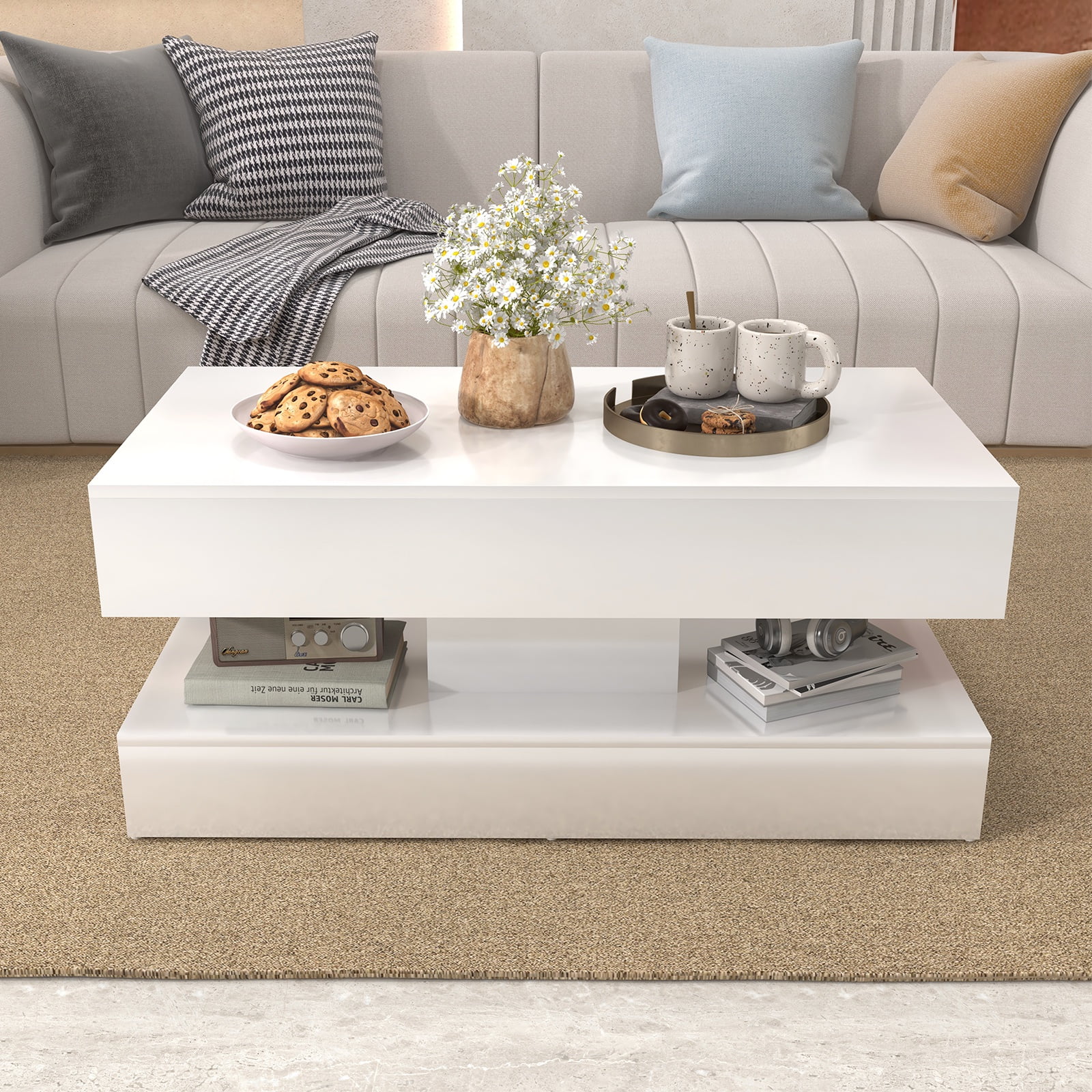 JOIVI High Gloss Coffee Table with 2 Storage Drawers, Modern LED Coffee Table, 2 Tiers Rectangle Center Table, 16-Color LED Lights, White