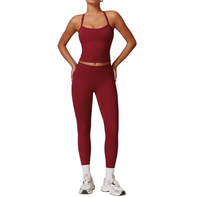 Set de entrenamiento QBGJTD, polainas sin mangas con espalda cruzada para mujer, color burdeos