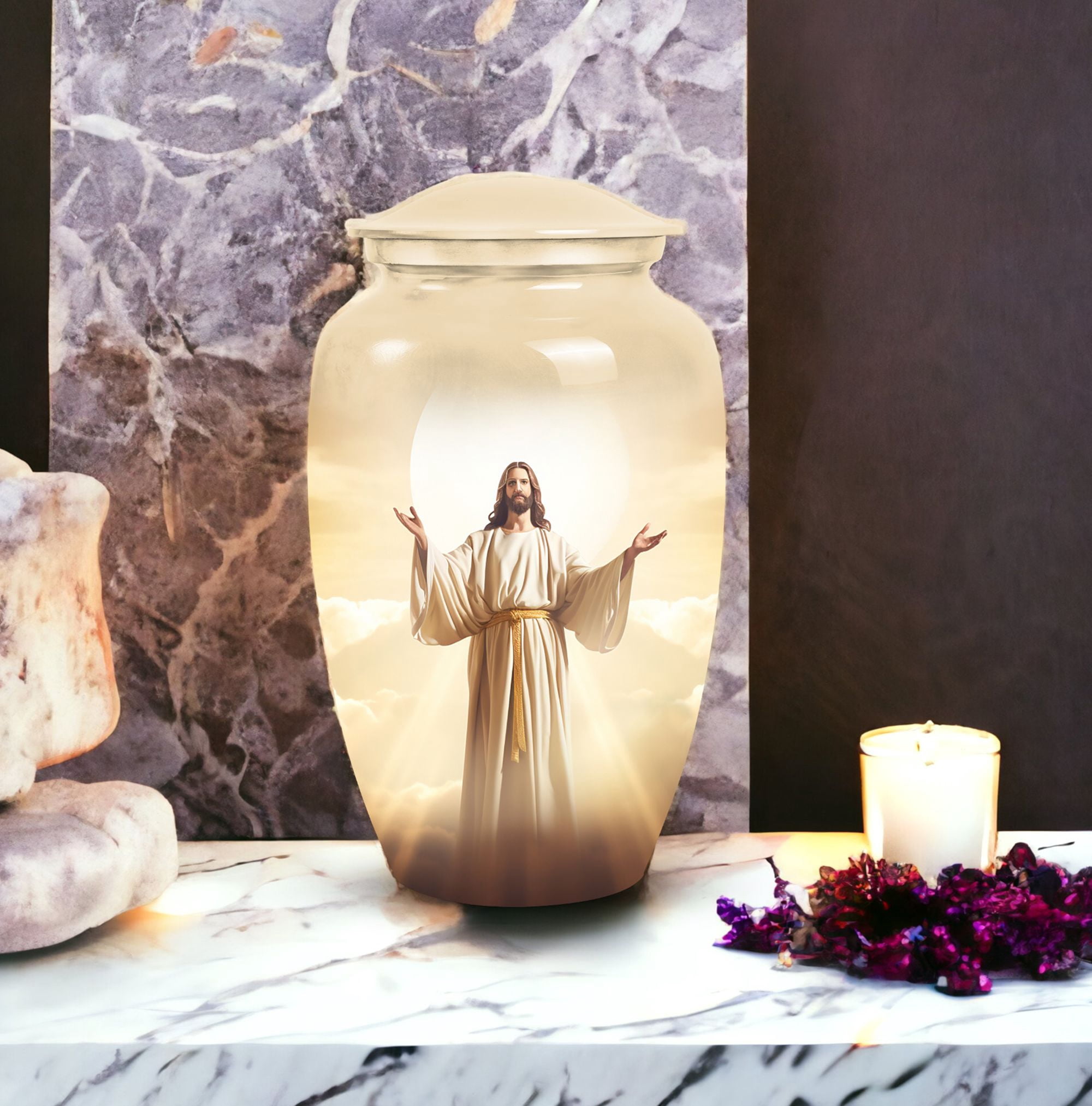 Jesus Christ Small Funeral Urns For Human Ashes Adult Female - Large Burial Urn For Ashes Adult Dad - Handcrafted Decorative Gifts For Unique Combo 10Inch 200Lbs And 3Inch Keepsake