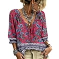 thumbnail image 2 of Womens 3/4 Length Sleeve Tunic Tops Women's V-Neck Abstract Geometric Print Drawstring Ruffle 3/4 Sleeve Summer Casual Flowy Tops, 2 of 5