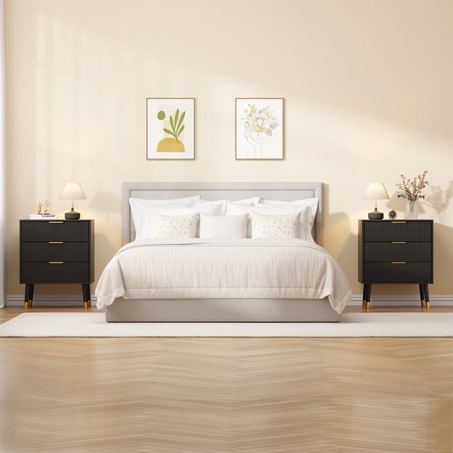 Commode moderne 3 tiroirs en bois – Lot de 2 meubles de rangement flûtés avec poignées dorées, armoire compacte pour chambre, entrée ou salon, table de chevet élégante – Coloris noir