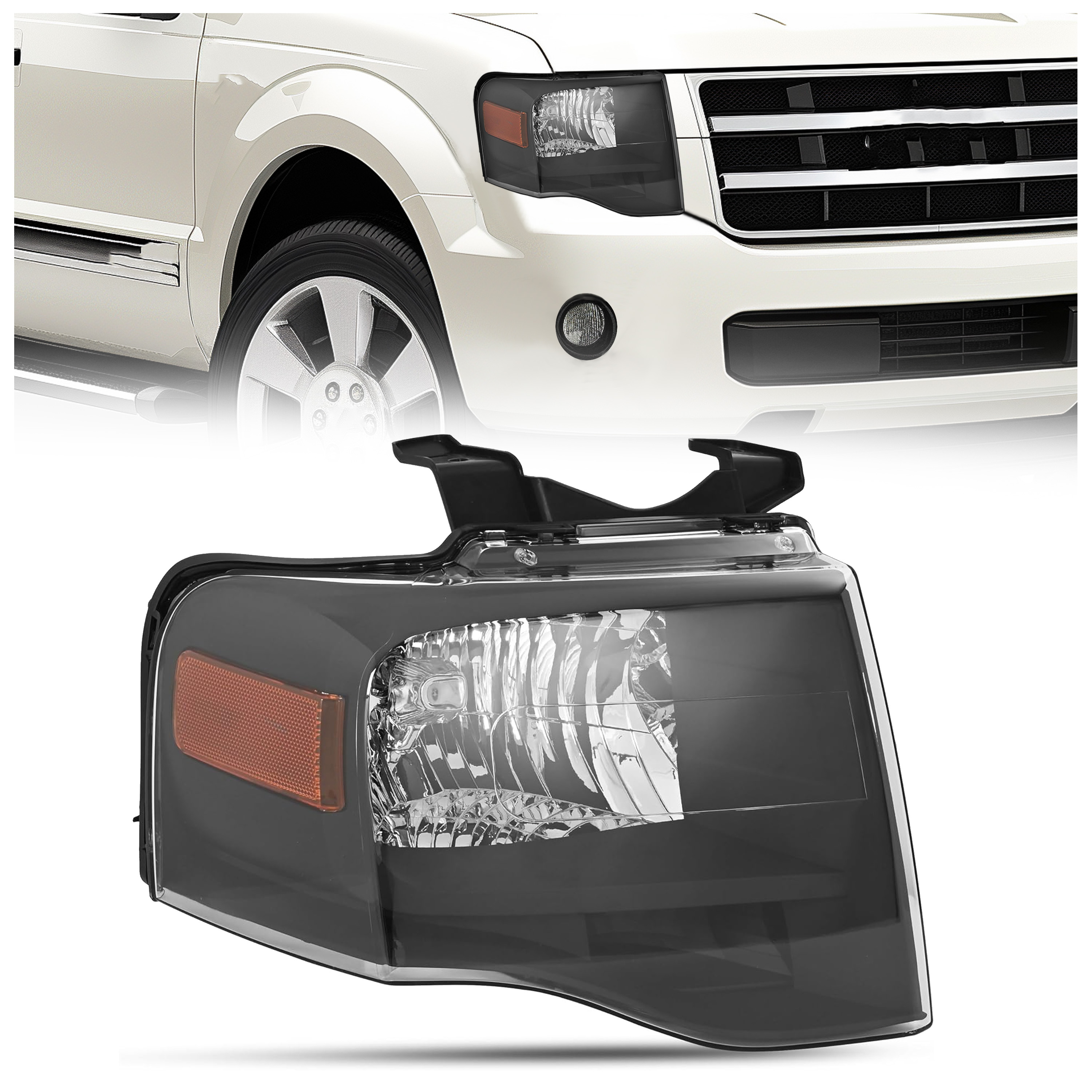 KOJEM Projector Headlights for 2007-2014 Ford Expedition Clear Lens Black Housing Plastic