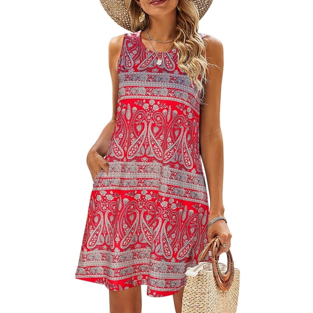 Vestido playero ligero informal estilo bohemio con estampado floral sin mangas para mujer