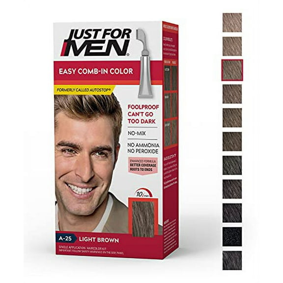 Just For Men Easy Comb-In Color (Formerly Autostop) Mens Hair Dye, Easy No Mix Application - Light Brown, A-25