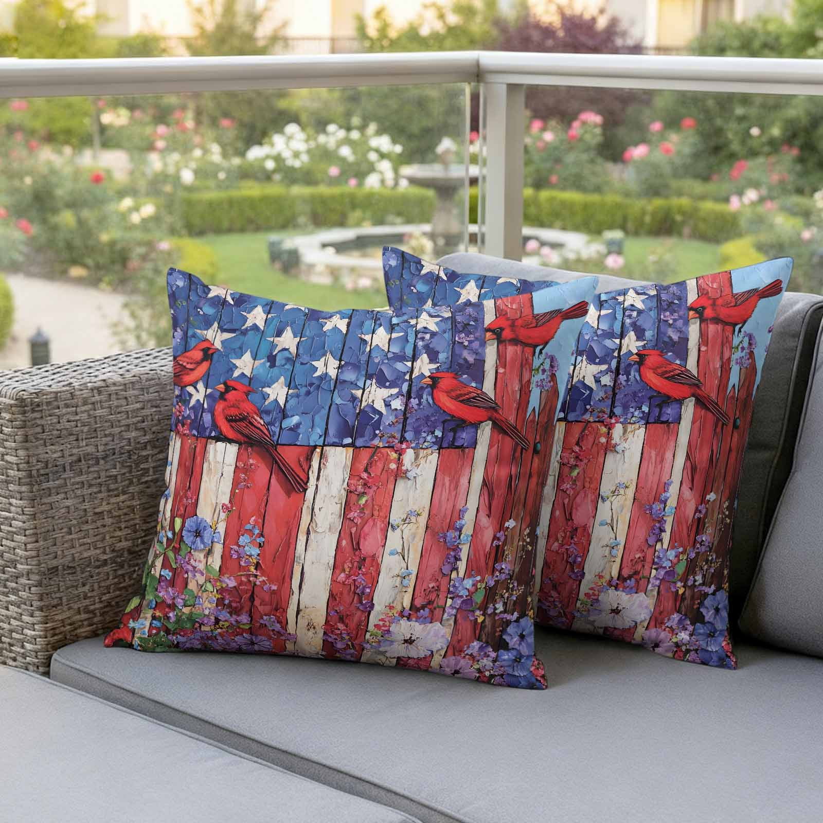 Cardinal Bird Flower Pillow Covers 2 Pack 4th of July Pillowcase Waterproof Outdoor Throw Pillow Cover for Patio Garden Square Cushion 18”x18”