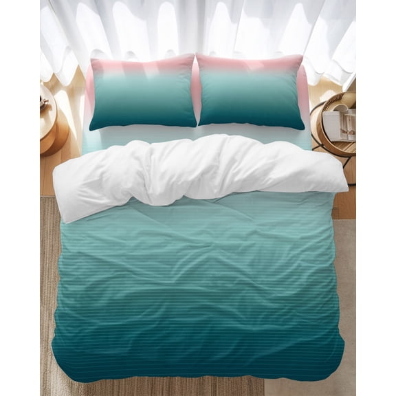 Pink Turquoise Bedding Duvet Cover Set Twin Size 4 Pieces Stripe Gradient Soft Twill Plush Quilt Cover, Include 1 Duvet Cover 1 Flat Sheet And 2 Pillow