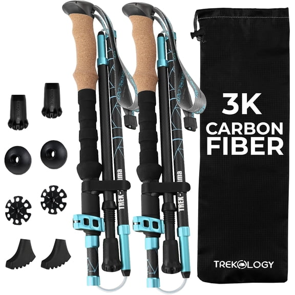 TREKOLOGY Trek-Z Prima Ultralight 3K Carbon Fiber Folding Trekking Poles (Pair) with Natural Cork Grip, 115-135cm (Blue)