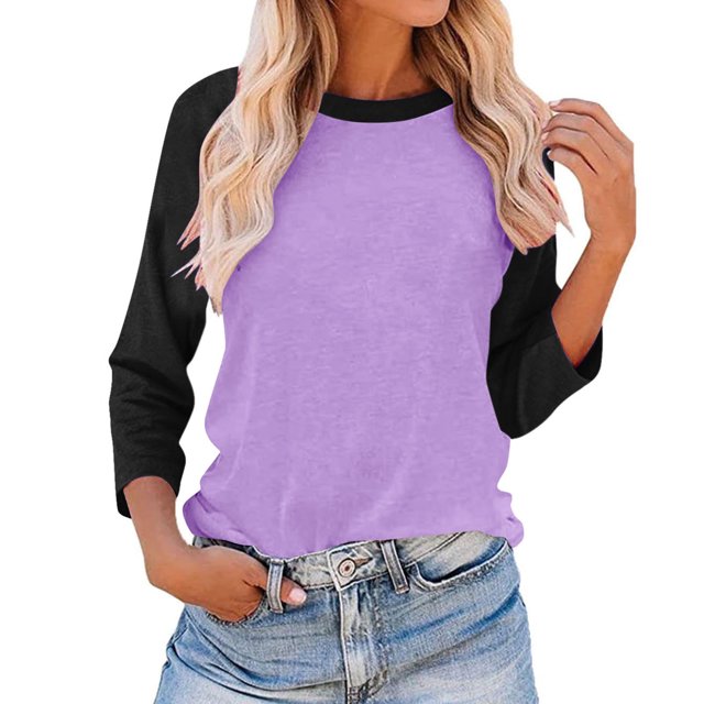 Plebaso Chemises à Manches 3/4 pour Femmes Col Rond Tops à Blocs de Couleur Décontractés Amples Blouses pour Femmes