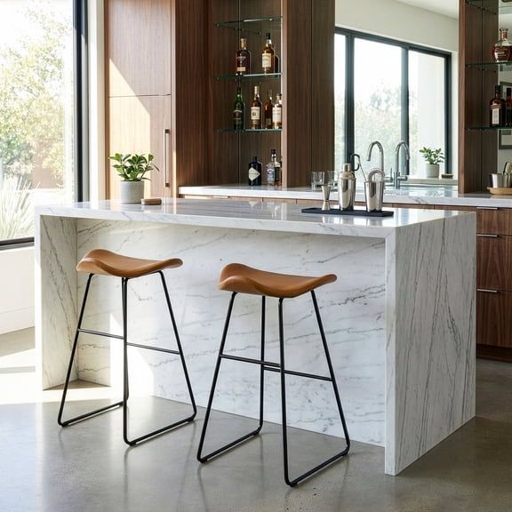 Set of 2 Aoi Brown Faux Leather Backless Bar Stool with Black Metal Legs