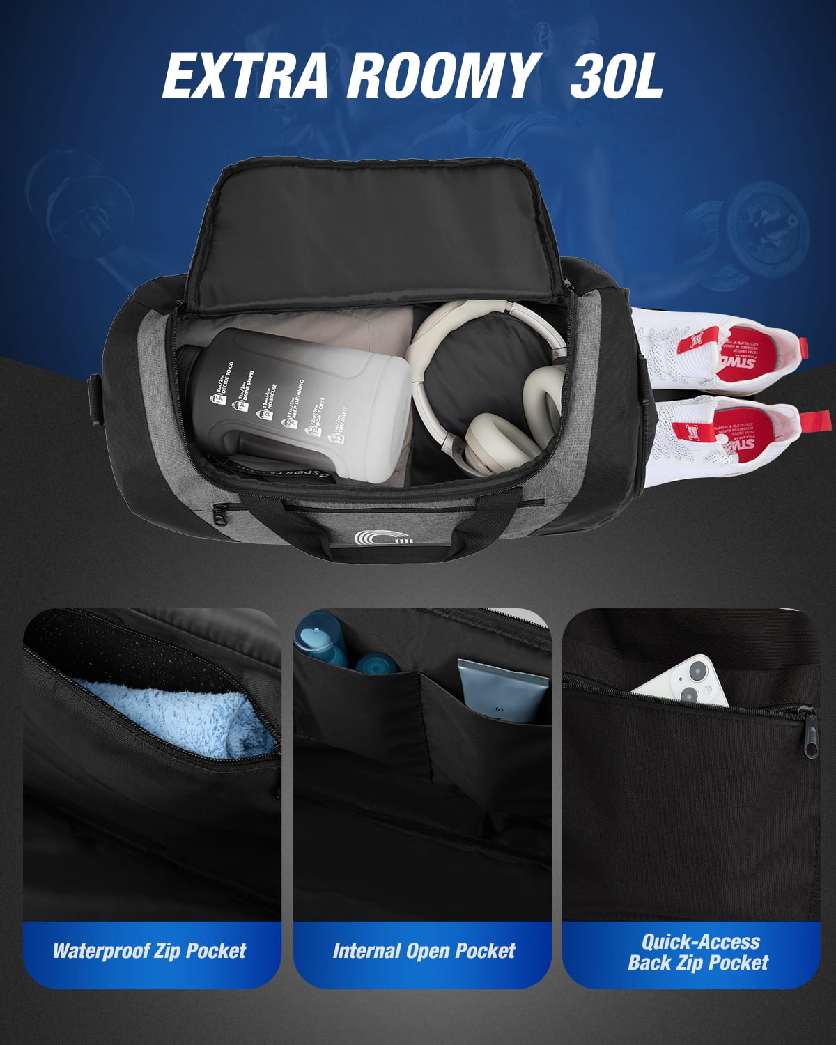 Gonex 30L Gym Bag for Men Women, Water-Resistant Sports Duffel Bag with Shoe Compartment & Wet Pocket for Fitness, Travel, Weekend Trips