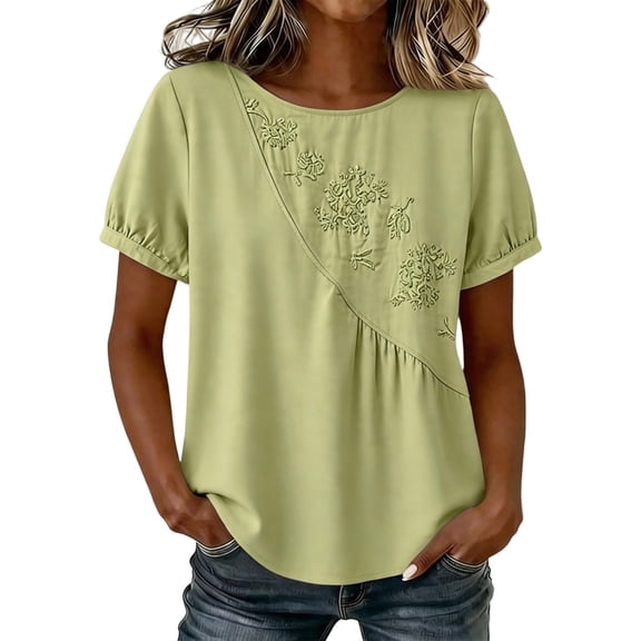 Lmueinov 2026 Summer Women's Floral Embroidery Cotton Linen Tops, Short Sleeve Crew Neck Casual Loose Blouses M-4XL