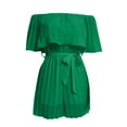thumbnail image 5 of YeJammarp Chiffon Flowy Short Jumpsuits Womens Dressy Casual Off The Shoulder Pleated Romper Shorts with Belt Summer (M, Green), 5 of 6