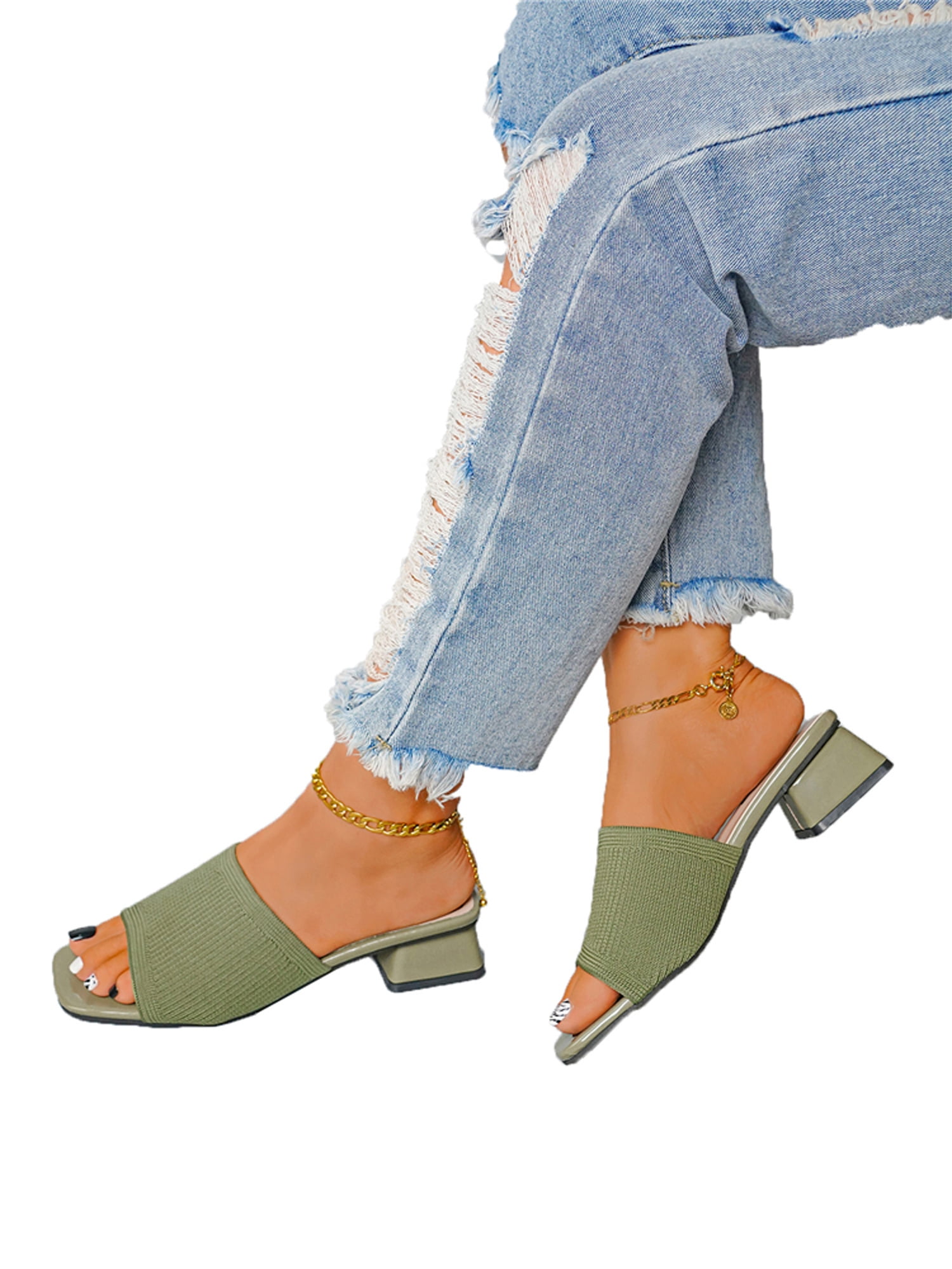 Shakub Womens Low Block Heel Slippers Knitted Slip On Summer Sliders Square Open Toe Shoes