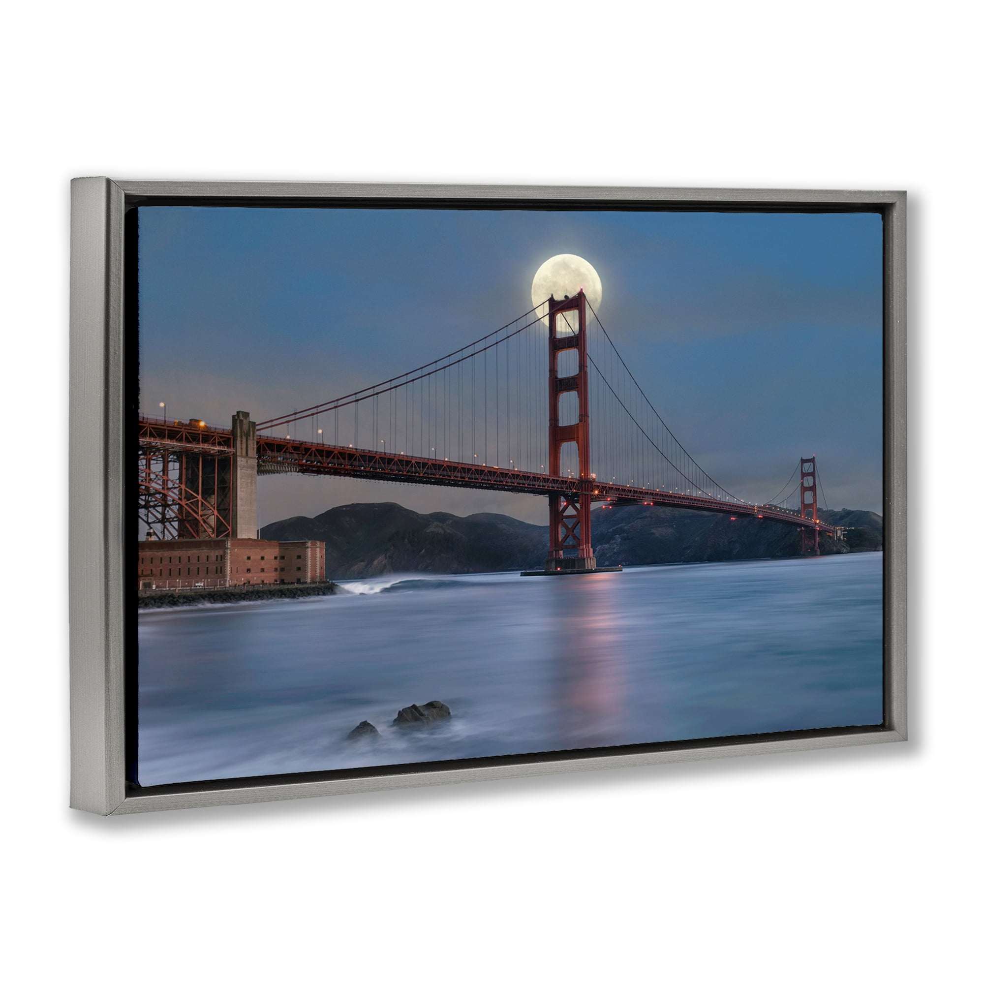 Stupell Industries Moonlit Bridge Landmark Scenic & Cityscapes Painting Gray Floater Framed Canvas Art Print Wall Art, 25 x 17