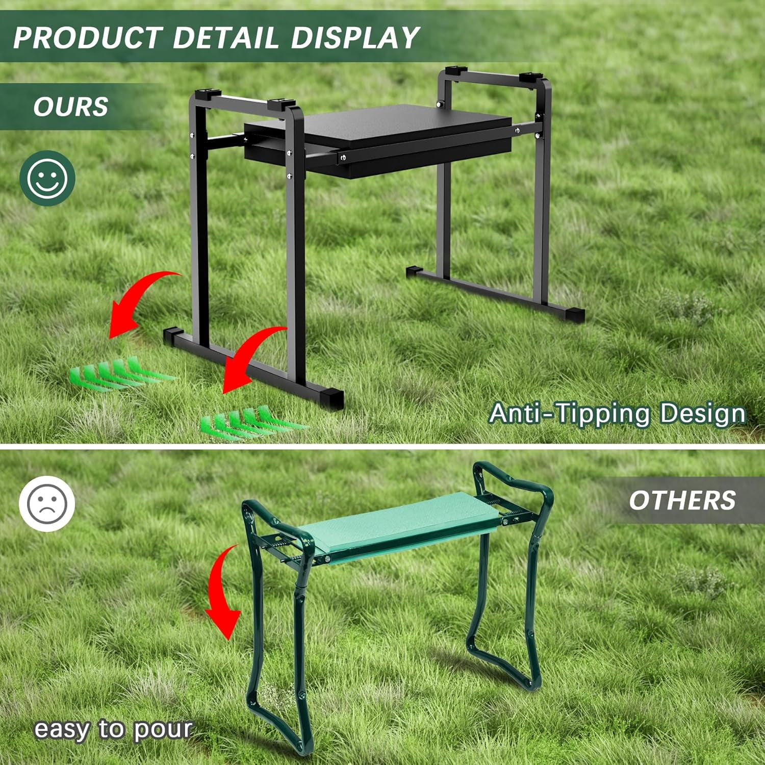 Garden Kneelers Seat, Stable and Save Anti-Tipping Design 10.2 Wider Garden Kneeler and Seat with Handle, Heavy Duty Gardening Stool for Seniors, Gardening Weeding Bench for Gardeners Parents - Black