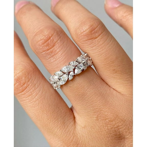 2.03 CTW Marquise Cut Colorless Moissanite Double Row Half Eternity Wedding Band, Designer Stackable Bridal Band, Anniversary Gold Gift Ring