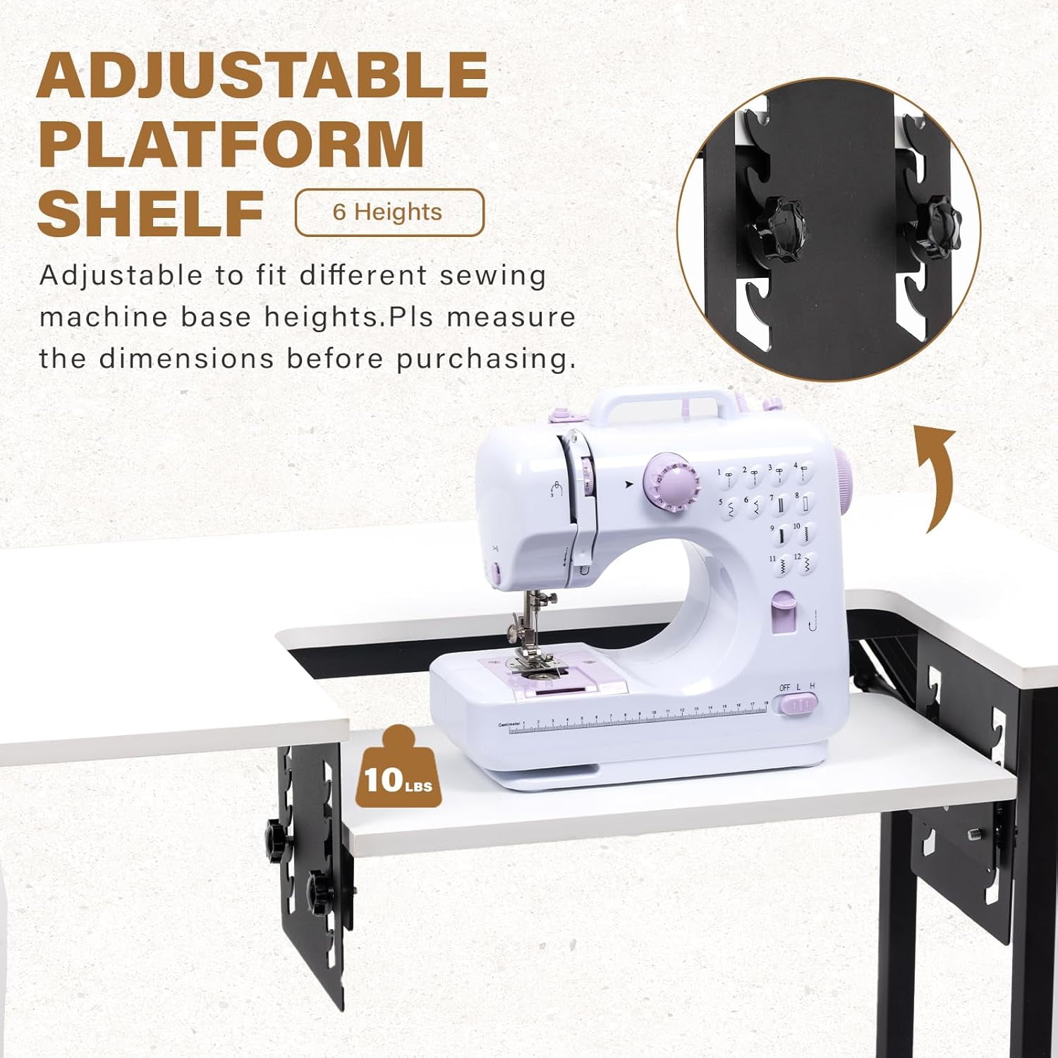 Vividwood Portable Folding Sewing Table, Multipurpose Sewing Machine Table with Adjustable Shelf (Warm White)