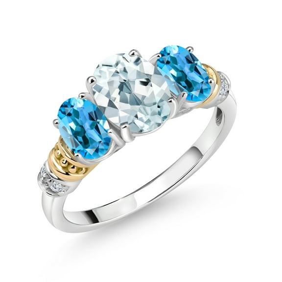 Gem Stone King 925 Sterling Silver and 10K Yellow Gold Oval Sky Blue Aquamarine Swiss Blue Topaz and White Diamond 3 Stone Ring for Women (2.33 Cttw, Gemstone March Birthstone, Size 8)