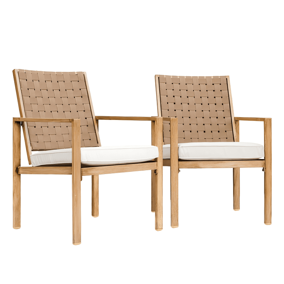 MOONMISS 2 Pack Patio Dining Chairs, Wood Grain Iron Frame Outdoor Chairs with Handmade Drawstring Design, Waterproof Removable Cushion, Ideal for Patio, Deck, Garden & Yard