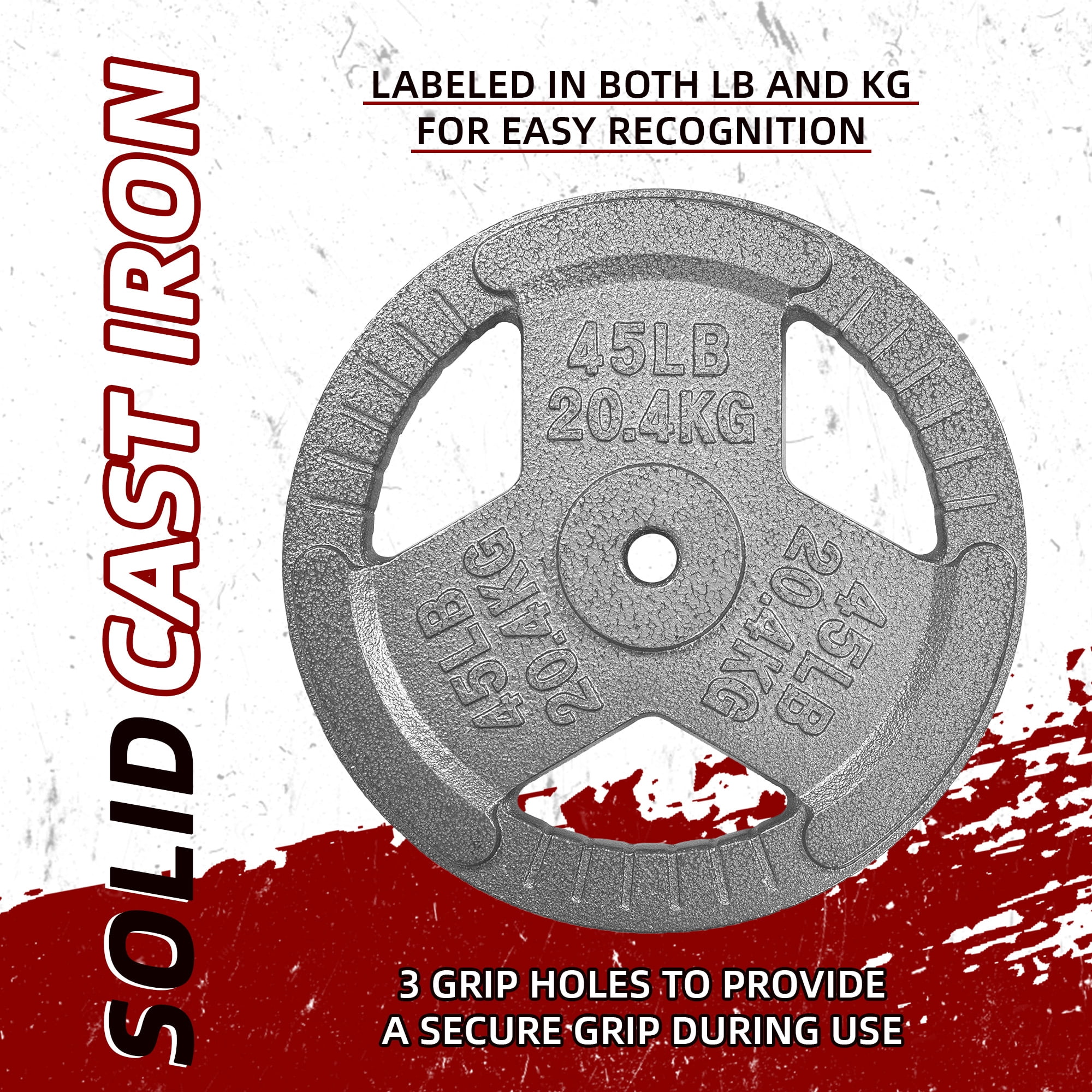 FlexWave 90LB Standard 1" Cast Iron 3-Grip Weight Plates Set, Light Gray