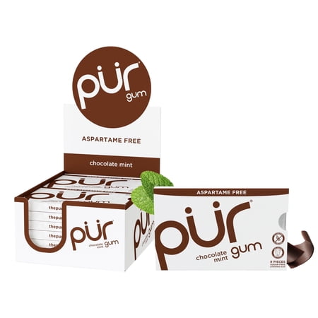 PUR Gum, Aspartame Free, Sugar Free & 100% Xylitol, Chocolate Mint Chewing Gum, 9 Pieces, Pack of 12