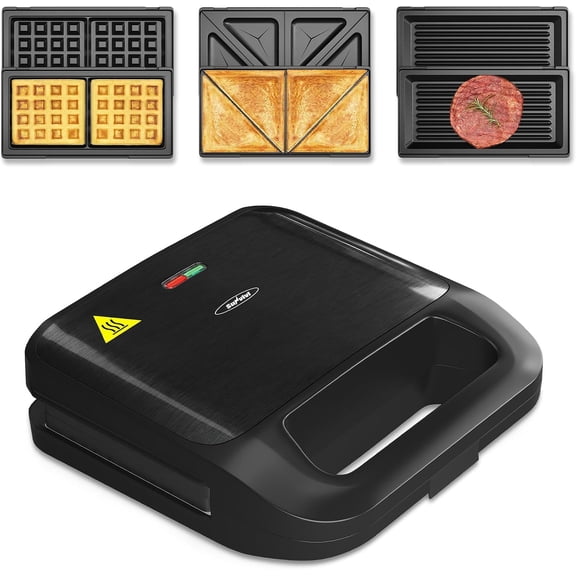 Mintazer 3 in 1 Sandwich Maker, Waffle Iron & Panini Press with Removable Non-Stick Plates, 750W Dual-Sided Heating, Cool Touch Handle, Indicator Lights for Breakfast, Black
