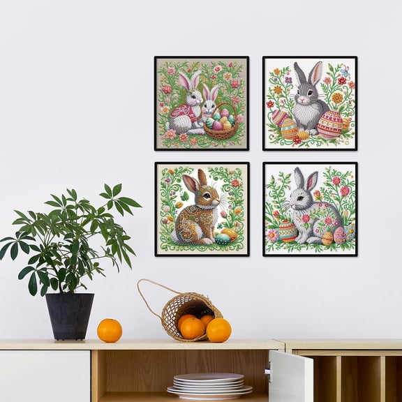 4pcs Diamond Painting Kit Rabbit Easter 5D DIY Craft Creative Artwork for Home Wall Decor & Holiday Gifts