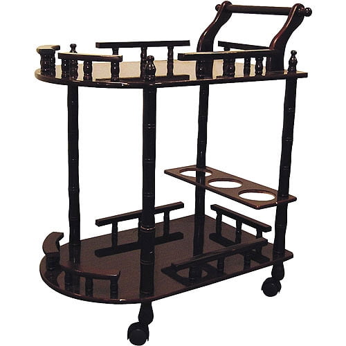 Dark Cherry 2 Tier Wine Table Wooden Serving Cart Rolling Beverage Storage Rack