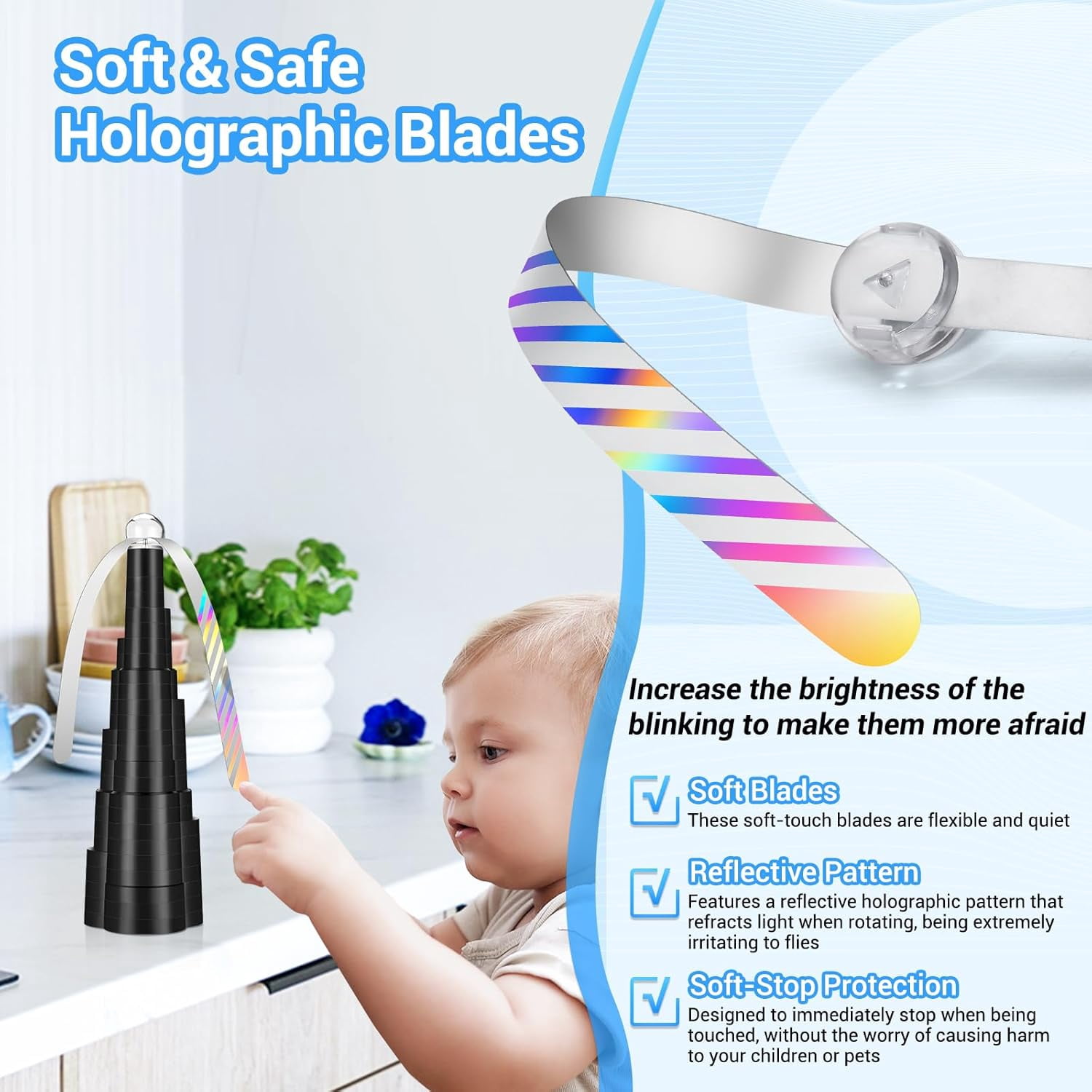 6-PACK Fly Fans for Tables, Rechargeable Fly Fan Table Top Fan with LED Light, Fly Spinner with Soft Holographic Blades for Picnic, Restaurant, Party, Home, and BBQ