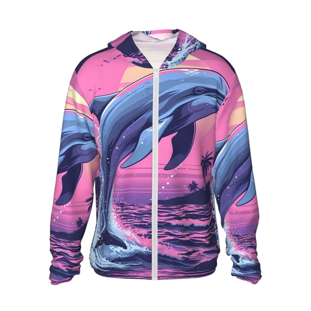 Fotbe Hawaiian Beach Dolphin Chaqueta con Protección Solar UPF 50+ para Hombre y Mujer, Camisa con Capucha y Bolsillos-Small