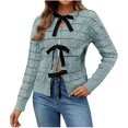 thumbnail image 2 of Byworldtasic Womens Sweaters Womens Striped Tie Front Cardigan Sweaters Crew Neck Long Sleeve Cable Knit Bow Knot Trendy Sweater Tops Army Green, 2 of 9
