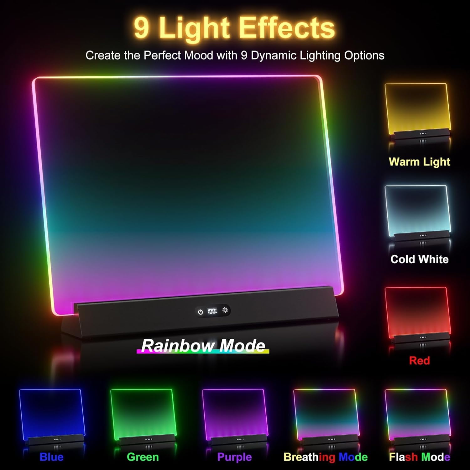 Rechargeable LED Message Board with 9 Color Changing Lights - 17 Inch Glow Writing & Drawing Board, Dry Erase Light Up Memo Board for Home, Classroom & Office Decor (Black)