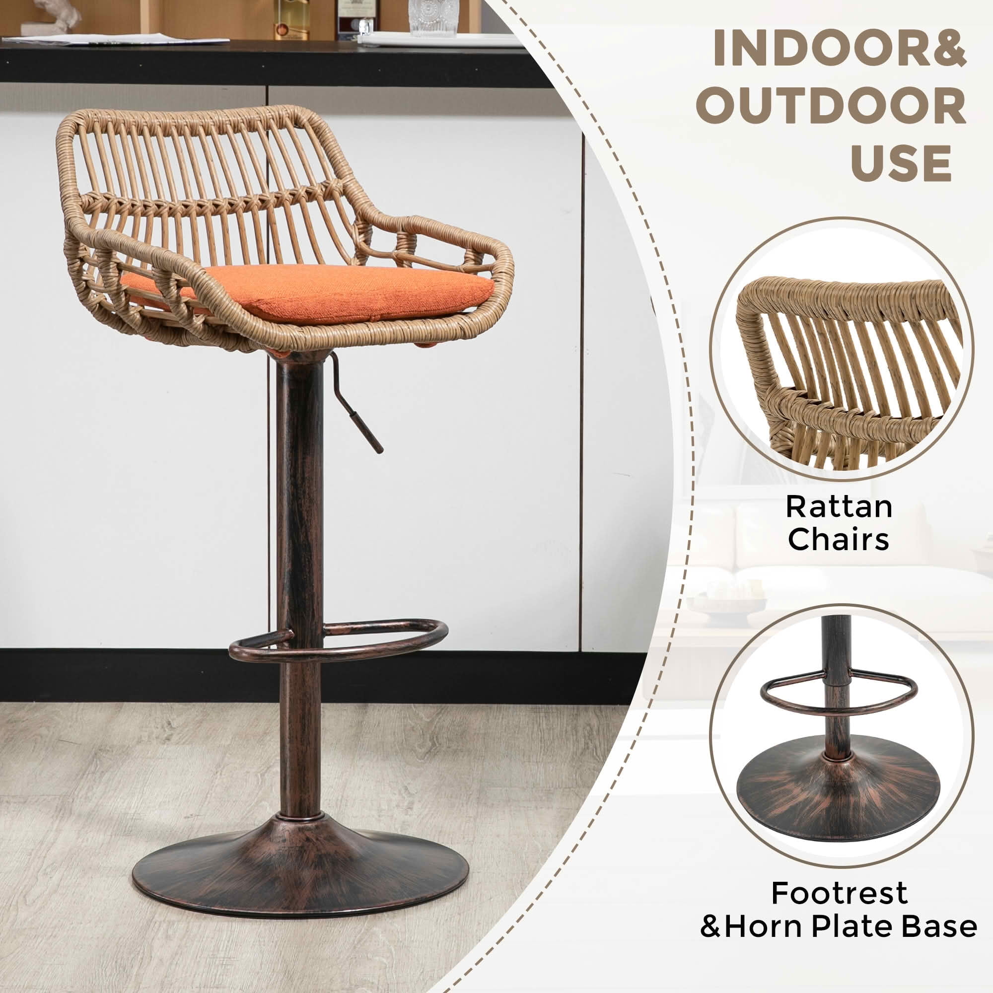 MAYEERTY Swivel Bar Stools Set of 2, Adjustable Height Chairs with Footrest, Linen and PE Rattan Back, Orange