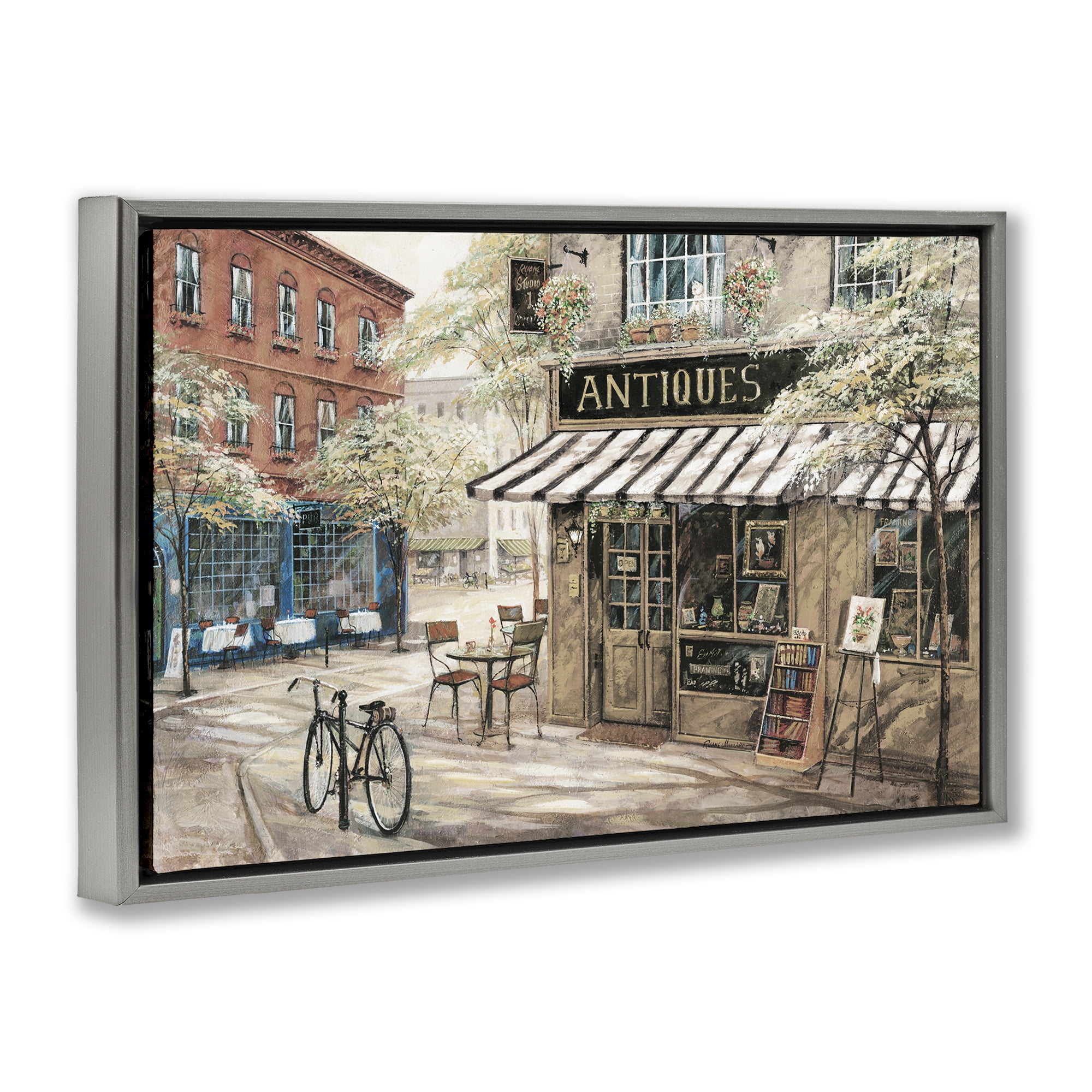 Stupell Industries Cozy Town Antiques Shop Scenic & Cityscapes Painting Gray Floater Framed Canvas Art Print Wall Art, 25 x 17