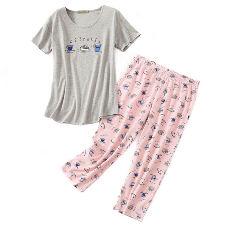 

Zando Plus Size Pink Fun Print Pajamas for Women Comfy Short Sleeve Top with Capri Pajama Pants Summer Sleep Set Grey Pink Cups 2XL