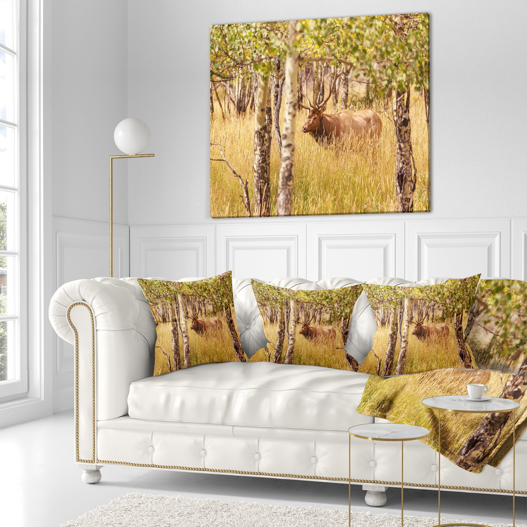 Designart Deer in Thick Forest Grassland - Landscape Printed Throw Pillow - 18x18
