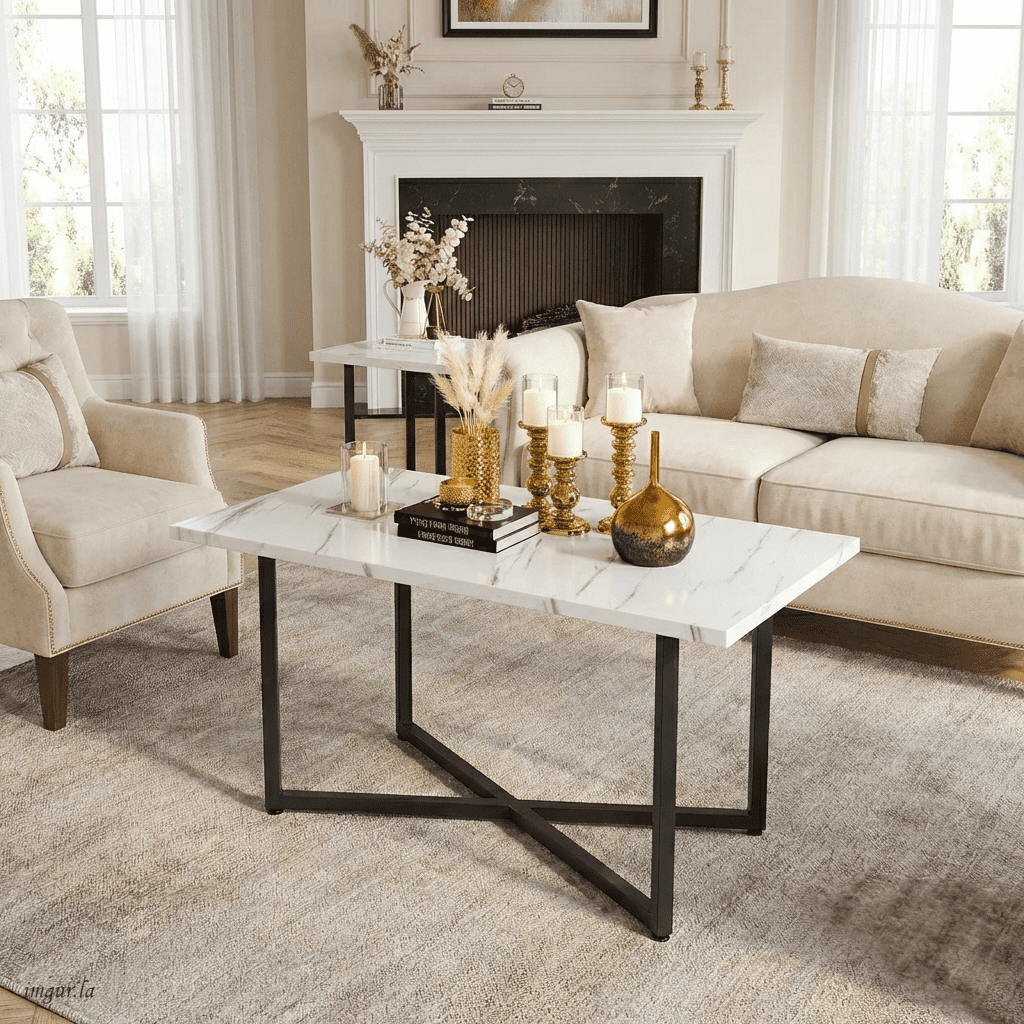 Baxluxe Coffee Table Set 3 Piece for Living Room,1 Coffee Table and 2 End Tables Sets,Modern Coffee Table and Side Table Set with Metal Frame for Apartment Home Office, White