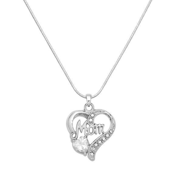 Mom Heart Pendant Necklace Rhinestone Crystal Rhodium Plated 17 Snake Chain J1097-CR