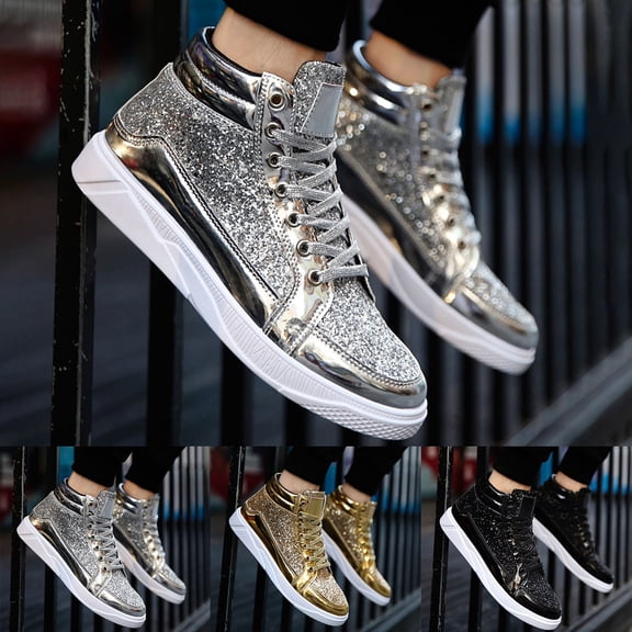 Glitter Shoes for Men Fashion High Top Casual Sequin Sparkly Sneakers Men's Bling Shiny Black 38
