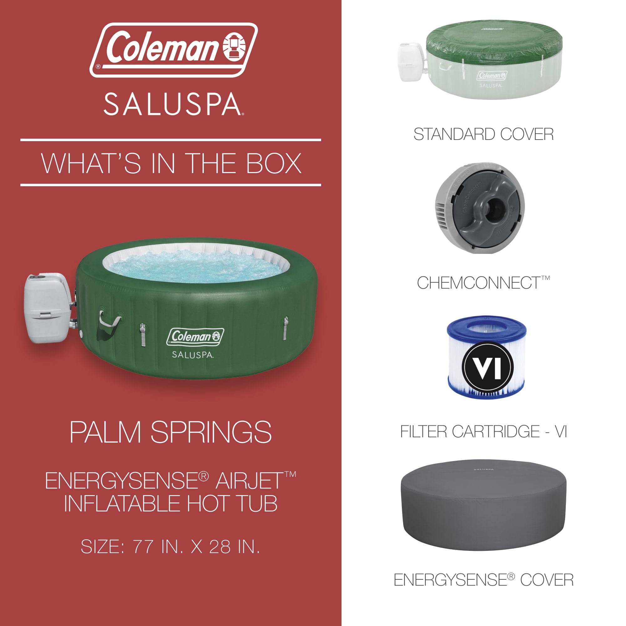 Coleman: SaluSpa Palm Springs EnergrySense - 4-6 Person, Green Inflatable Hot Tub Set, 140 AirJet Massage Bubbles, Covers-Filter-Pump, Freeze-Shield